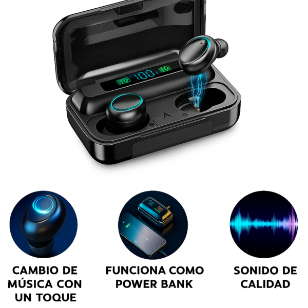 Auriculares inalámbricos F9-5 con estuche cargador y pantalla LED, función power bank y control táctil