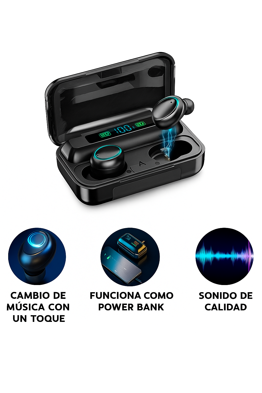 Auriculares inalámbricos F9-5 con estuche cargador y pantalla LED, función power bank y control táctil