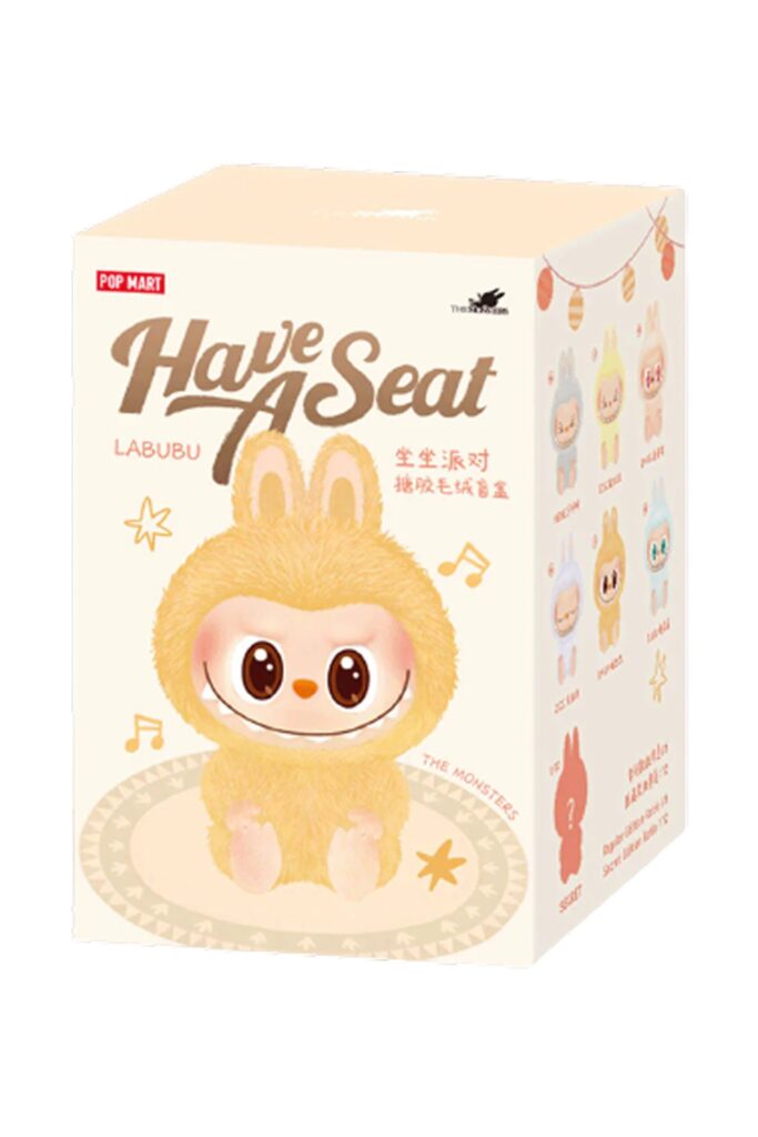 Caja original del peluche Labubu “Have A Seat” de Pop Mart, caja sobre fondo blanco