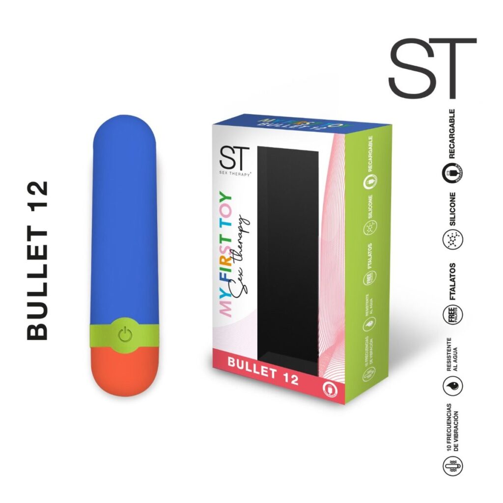 Estimulador clitoriano Bullet 12 de silicona, compacto, recargable en fondo blanco