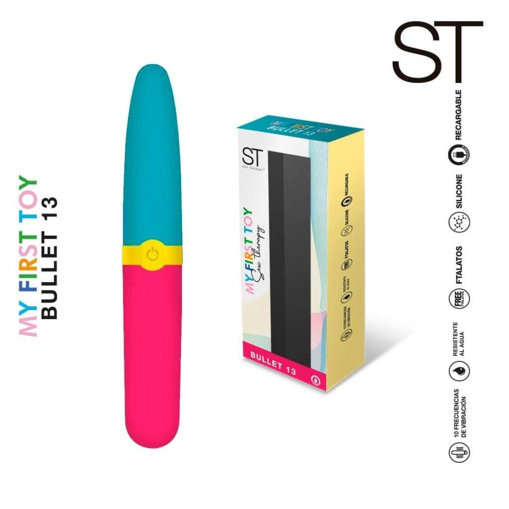 Estimulador clitoriano Bullet 13 colorido, recargable y resistente al agua con caja y fondo blanco
