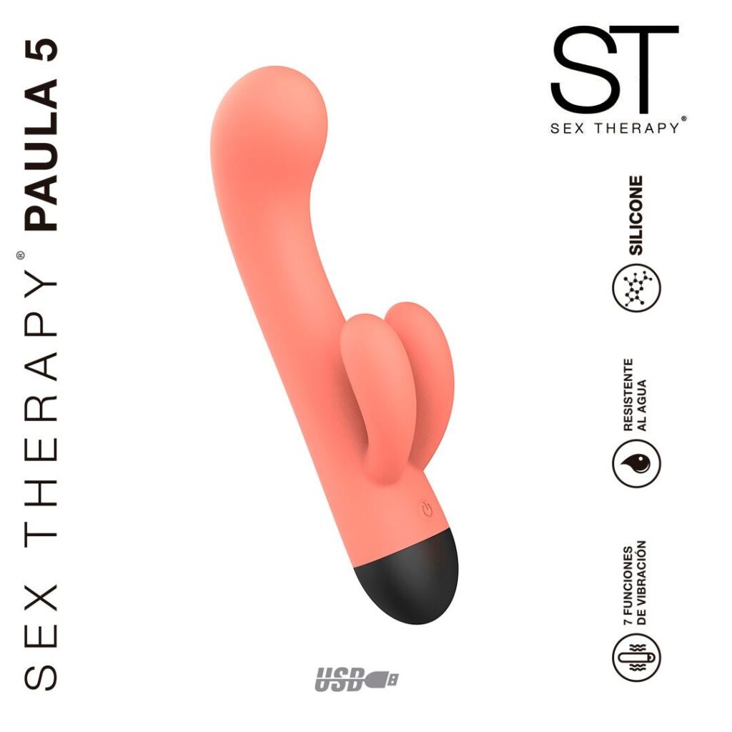 Vibrador doble estimulación Paula 5 color coral, recargable en fondo blanco