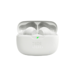 Auriculares JBL Wave380 en color blanco con estuche de carga y caja sobre fondo blanco