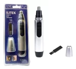 Recortador eléctrico de vello para nariz y orejas con tapa protectora y cepillo de limpieza en su packaging