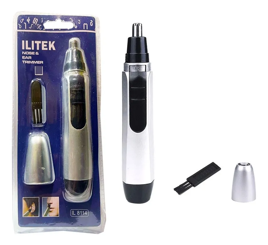 Recortador eléctrico de vello para nariz y orejas con tapa protectora y cepillo de limpieza en su packaging
