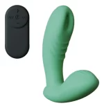 Estimulador prostático texturado con control remoto, en silicona médica color verde sobre fondo blanco