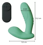 Estimulador prostático texturado(con medidas 4cm x 13,2cm x 9,5) con control remoto, en silicona médica color verde sobre fondo blanco