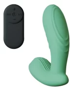 Estimulador prostático texturado con control remoto, en silicona médica color verde sobre fondo blanco