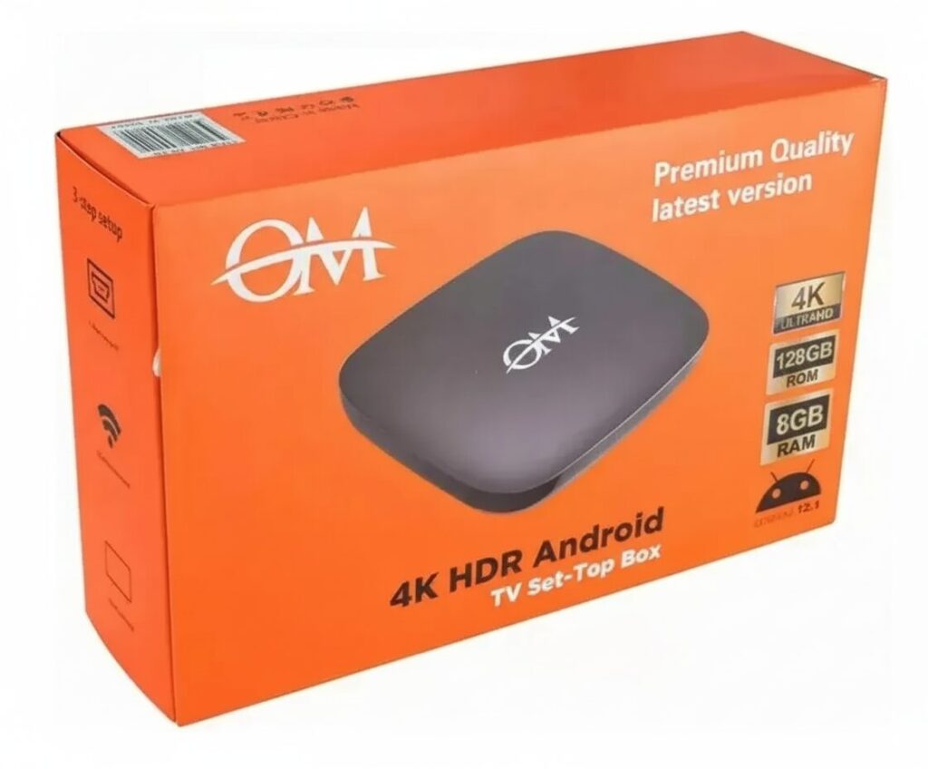 TV Box Android 12.1 HDR negro. 4K. En caja naranja con fondo blanco.