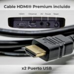 TV Box y cable hdmi negros. Sin caja en con descripción de los puertos en fondo blanco.