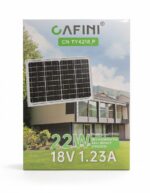 vista frontal caja panel solar 22W con imagen ilustrativa