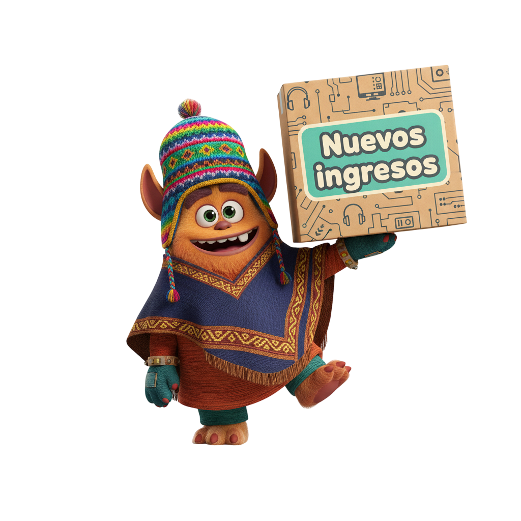 Ilustración de un personaje tipo monstruo con ropa del norte argentino sosteniendo una caja tipo de compras que dice "Nuevos ingreso"