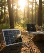 Panel solar en el campo alimentando una notebook sobre una mesita