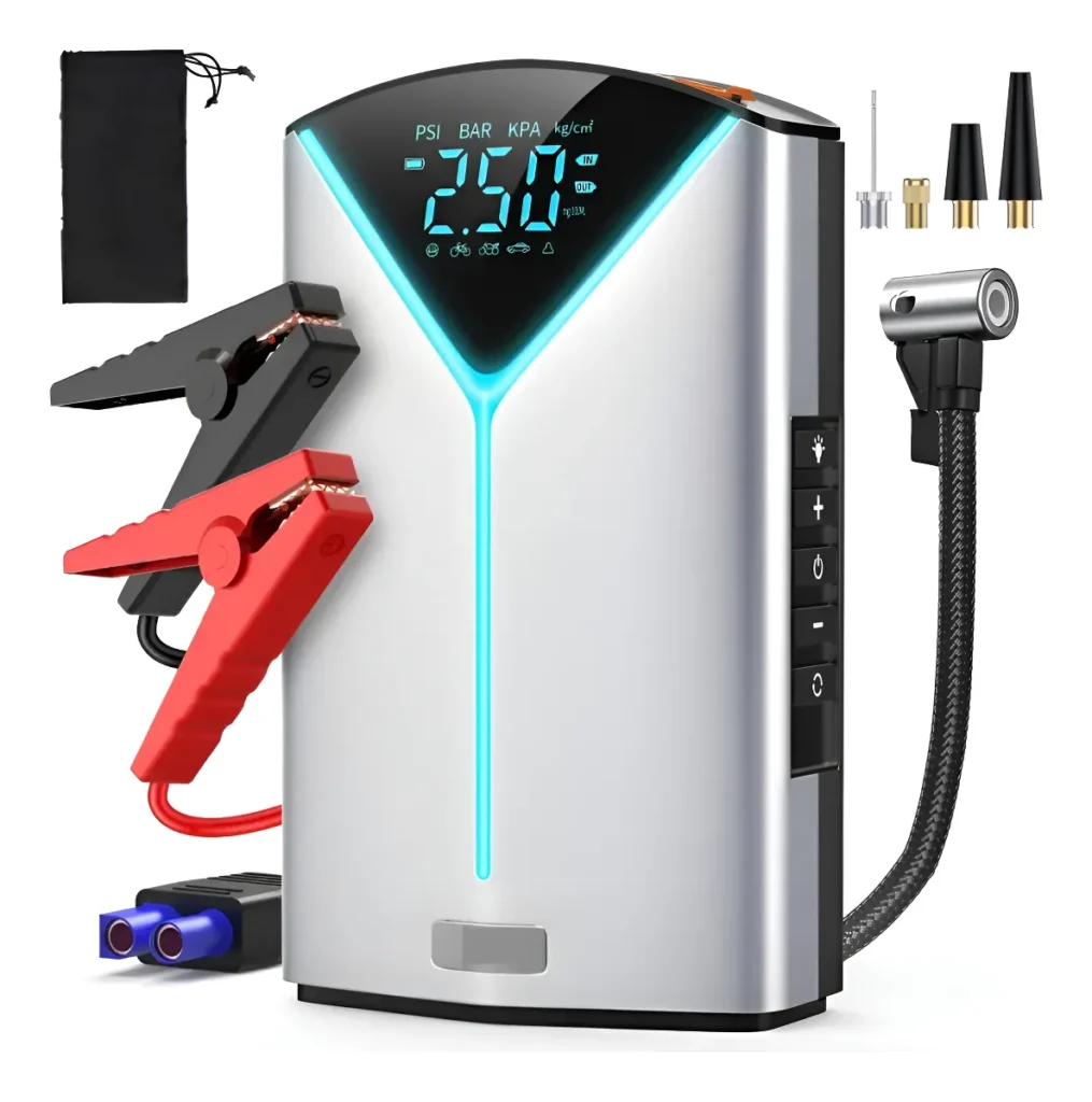 arrancador sobre fondo blanco con grampas para conectar, mangera inflador y distintos adaptadores.